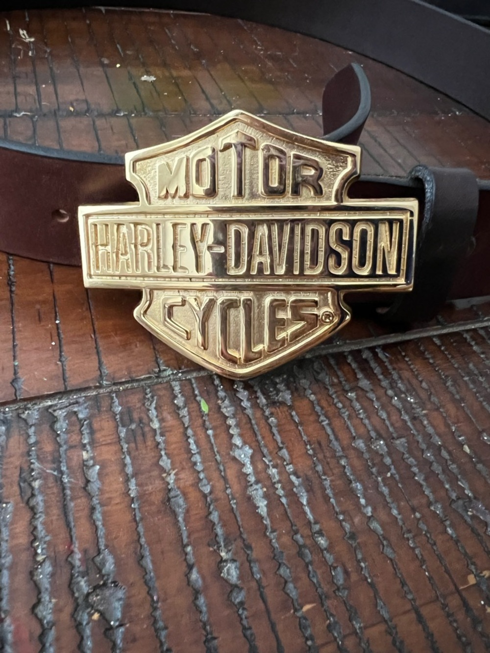 Baron Stamped Brass Harley Davidson 90’s buckle and leather belt vintage Y2K
